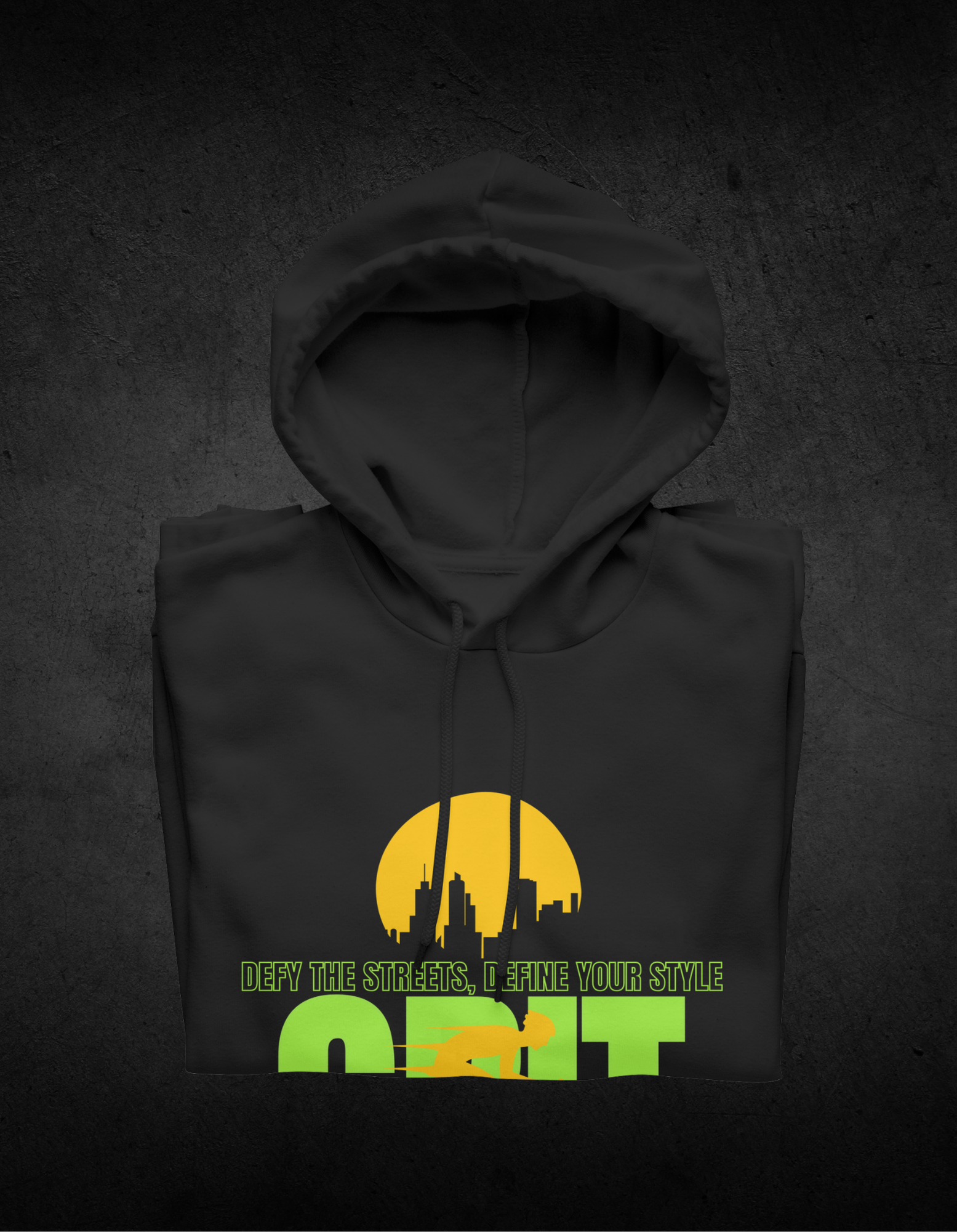 Cycle Swagger 'GritForm' Hoodie in black, featuring a city skyline graphic above the word 'GRIT' in bold green, with a cyclist silhouette and the tagline 'DEFY THE STREETS, DEFINE YOUR STYLE'.