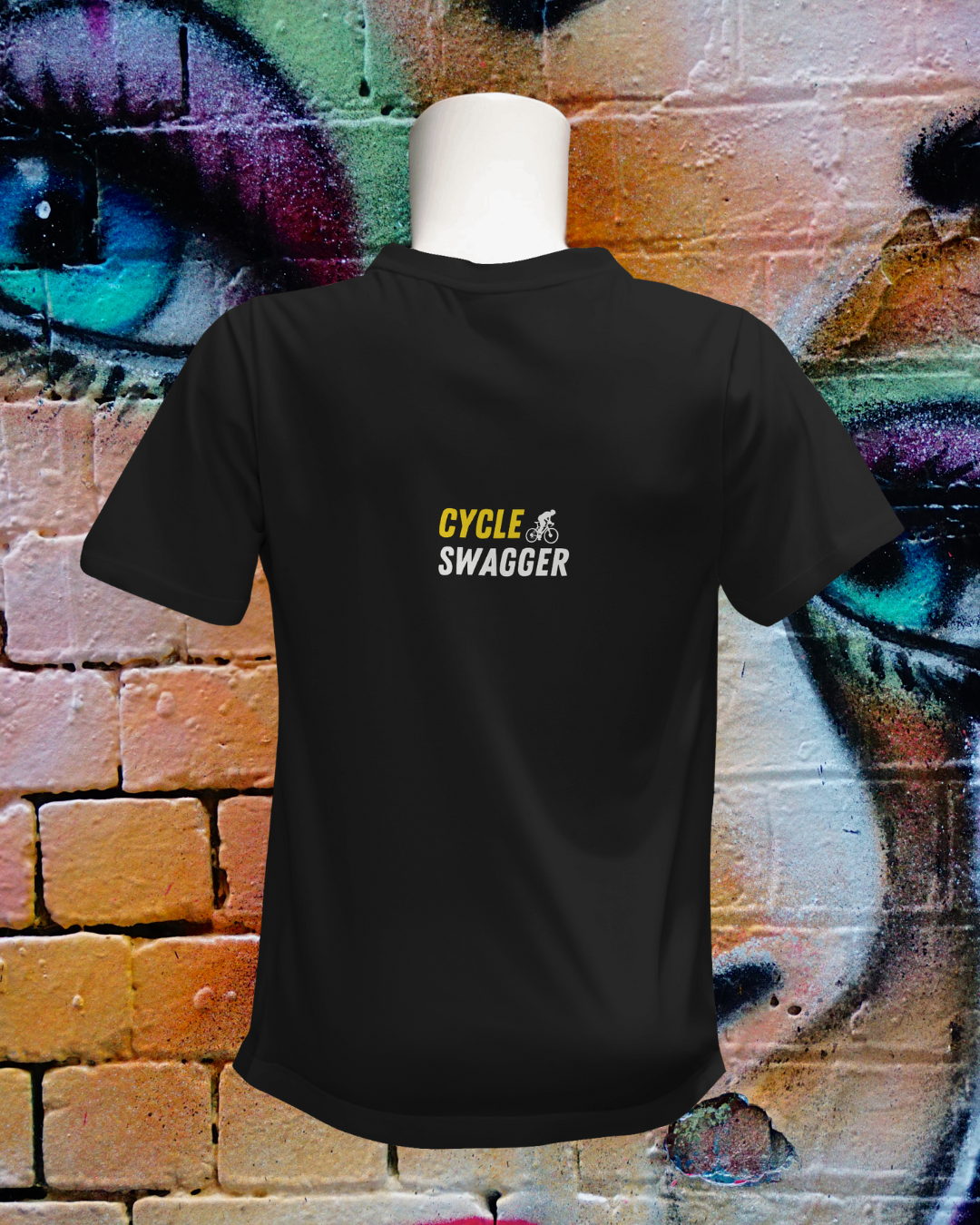 Back view of a black Cycle Swagger T-shirt displaying the yellow 'CYCLE SWAGGER' logo with a white cyclist icon on the upper back.