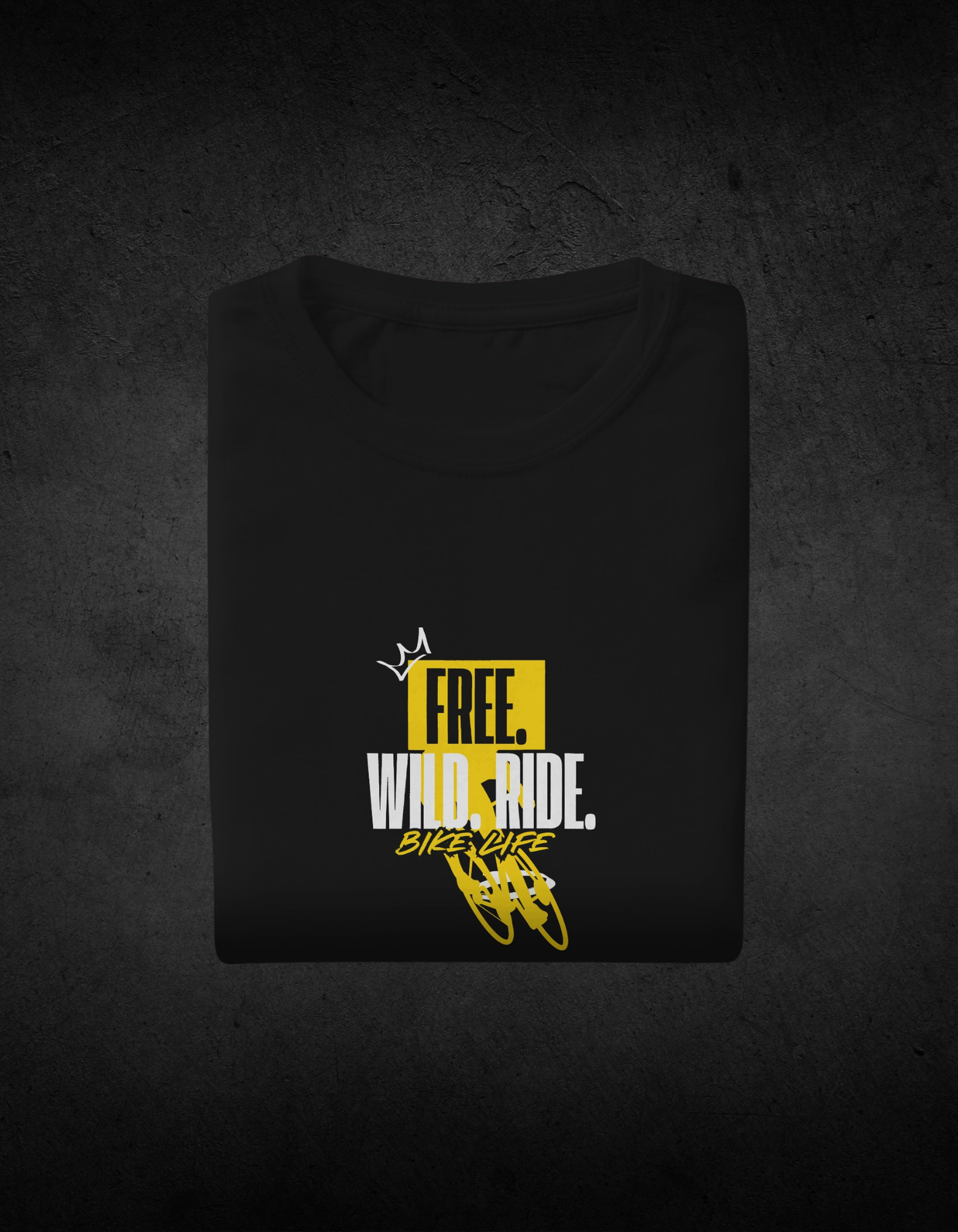 Cycle Swagger 'Royal Ride' T-Shirt in black, featuring a yellow and white graphic with the text 'FREE. WILD. RIDE.' and 'BIKE LIFE' with a small crown.