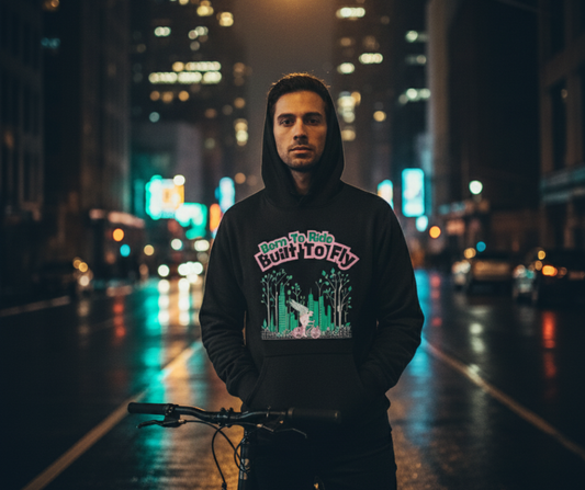 Urban cyclist wearing the AngelRider Luxe eco-friendly hoodie at night, standing with a bicycle on a city street, representing sustainable cycling streetwear.