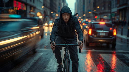 Urban cyclist riding through New York City at night wearing a streetwear hoodie, capturing gritty NYC messenger culture, motion, and purpose.