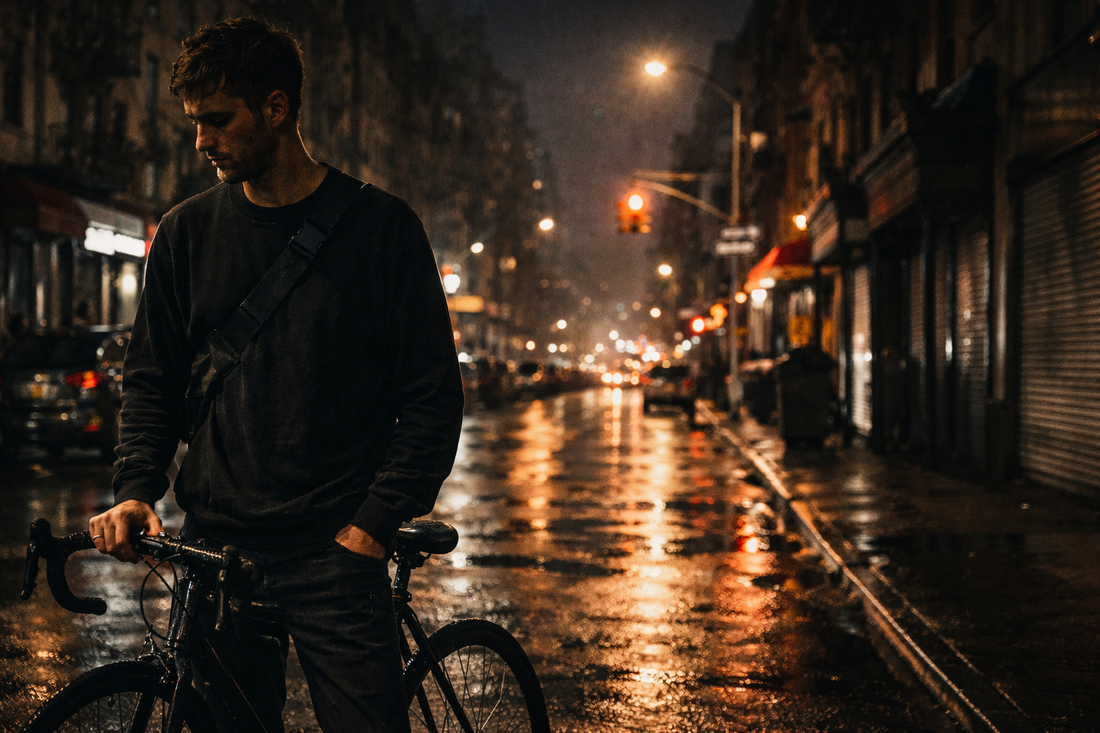 Fixed gear cyclist standing with bike on a wet NYC street at night, streetlights reflecting on pavement, moody urban atmosphere with messenger grit and focus