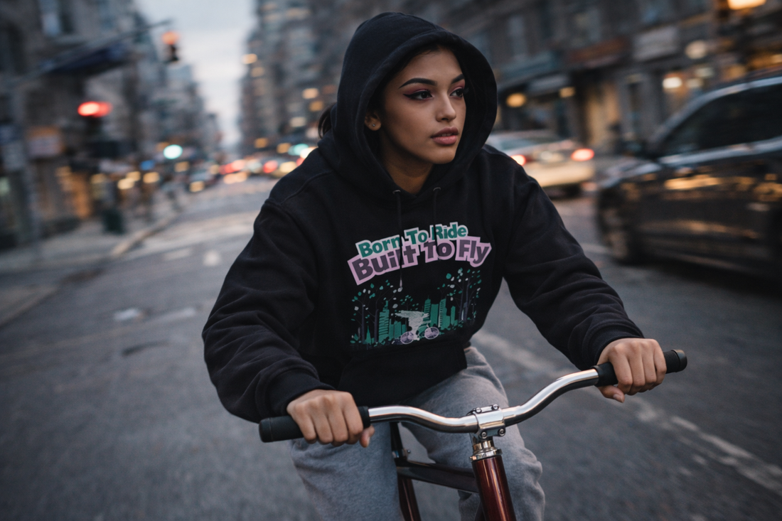 Solo cyclist riding through the city at night wearing the AngelRider Luxe hoodie, designed for comfort, movement, and real-world urban cycling conditions.