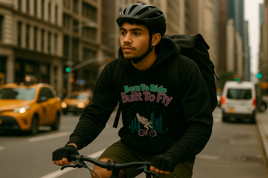 Urban cyclist riding through New York City traffic wearing the Cycle Swagger AngelRider Luxe hoodie with ‘Born to Ride, Built to Fly’ graphic.