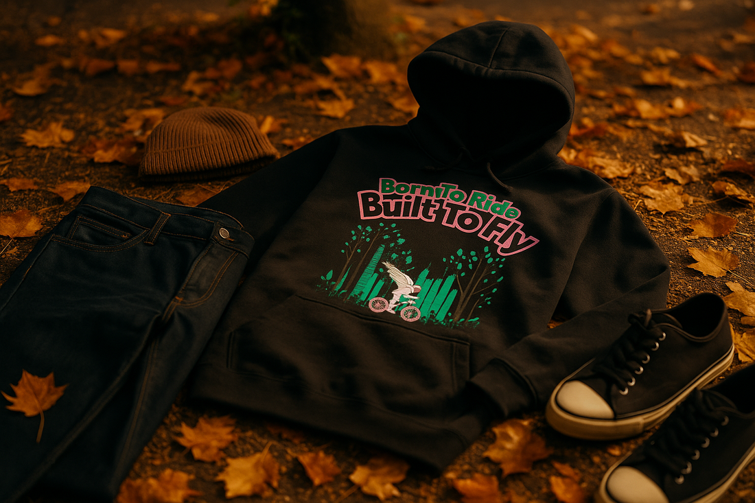 Cycle Swagger AngelRider Luxe Hoodie flat lay with jeans, beanie, and sneakers on autumn leaves under warm sunlight.