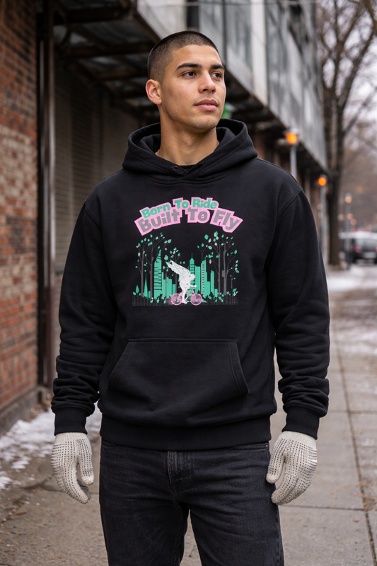 Man wearing a black hoodie with a colorful graphic design on a city street.