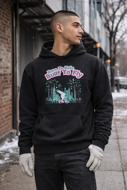 Man wearing a black hoodie with a graphic design on a city street.